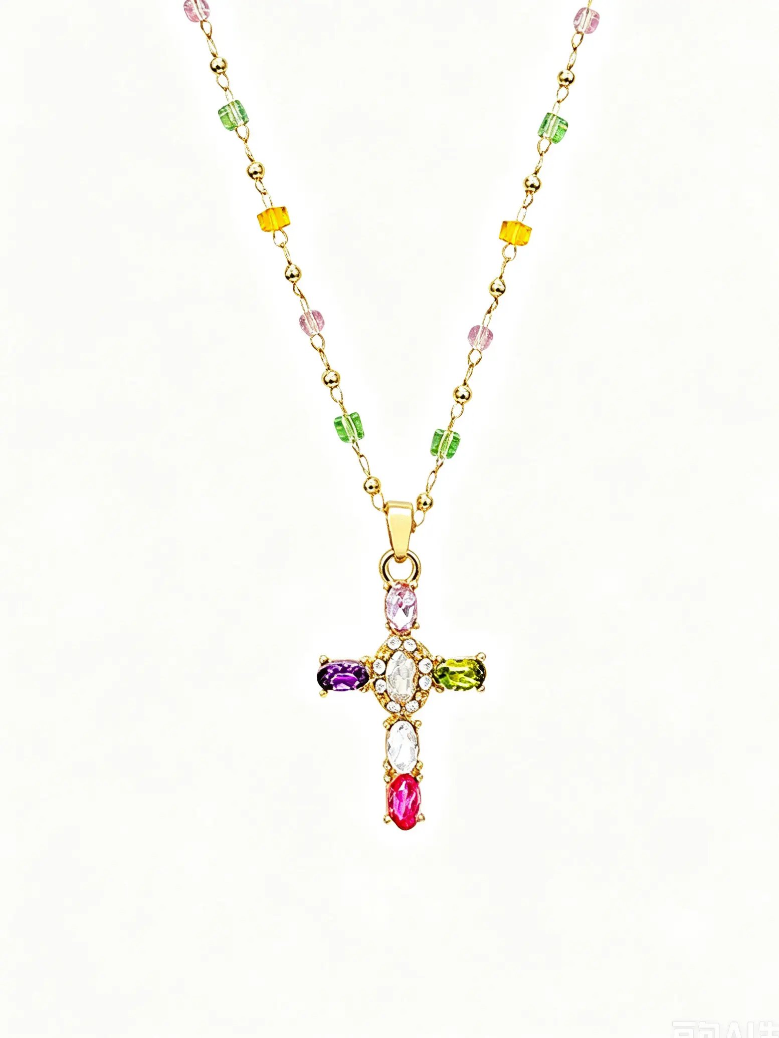 Colorful Crystal Cross Necklace, Multi-Color Beaded Gold Chain, Rainbow Gem Pendant, Casual Jewelry for Teens & Women, Summer Xmas Gift