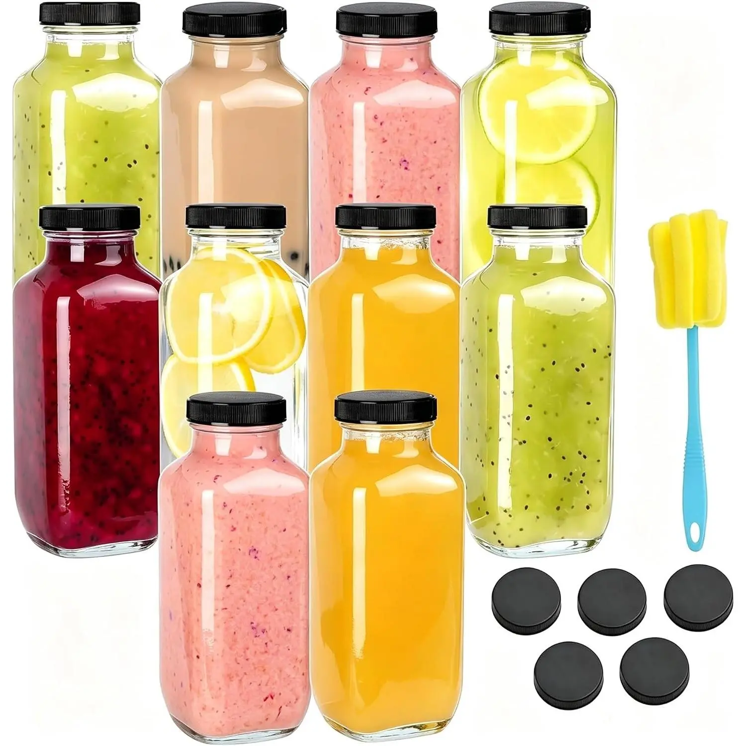 10 Pack 16oz Reusable Glass Juice Bottles with Airtight Lids & Cleaning Brush, Leakproof Drinking Jars Containers for Juicing, Milk, Kombucha, Food & Beverage Storage