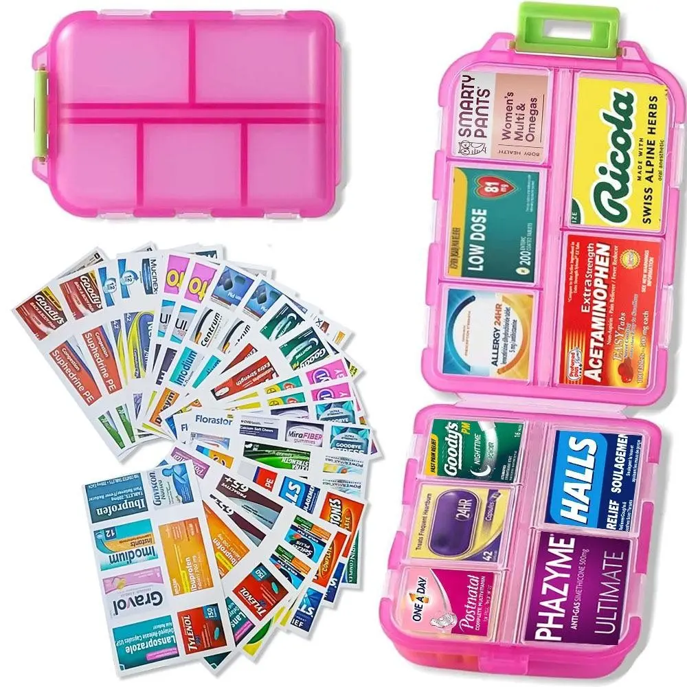 Portable Travel Medicine Box Organizer with 300 Labels, 10 Compartment Mini Pill Dispenser, Pocket Wallet Medication Case, Vitamin Supplement Storage