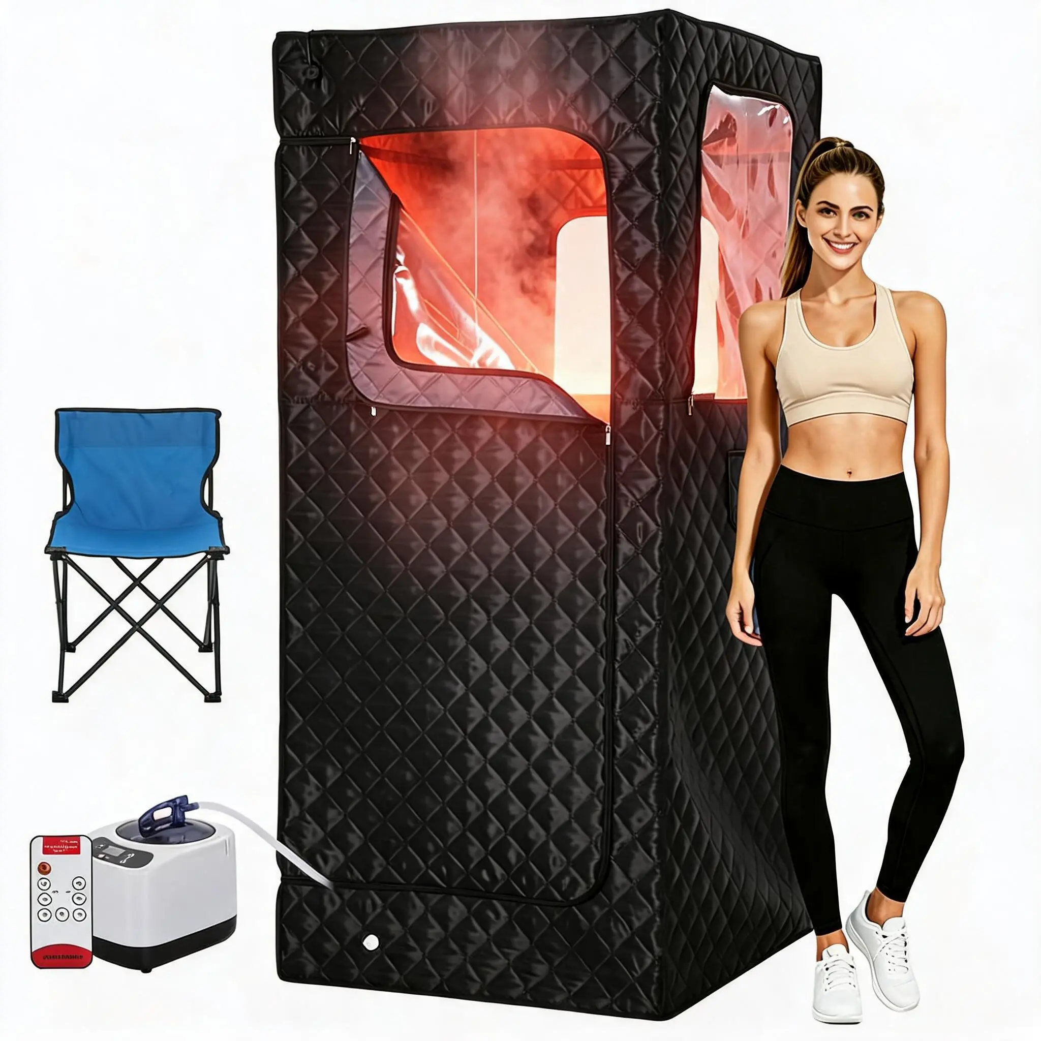 Portable Infrared Sauna Tent for Home Use – 1200W Power, 3L Steamer, 9 Heat Levels, 99-Min Timer, Folding Chair & Remote Control, 90x90x180cm, Black