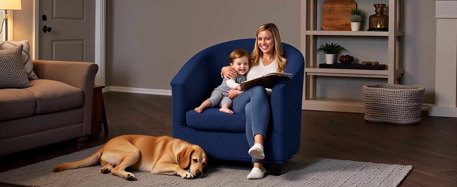 NILUOH Barrel Chair Cover 2 Piece, Stretch Jacquard Club Chair Slipcover, Elastic Armchair Cover for Curved & Round Chairs,Soft Washable Furniture Protector, Navy