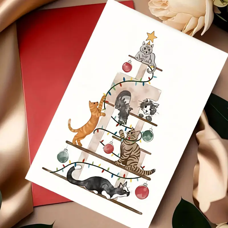 1 Christmas cat tree greeting card with funny kitten holiday illustrations, blank inside, watercolor style, suitable as a Christmas gift for friends and family