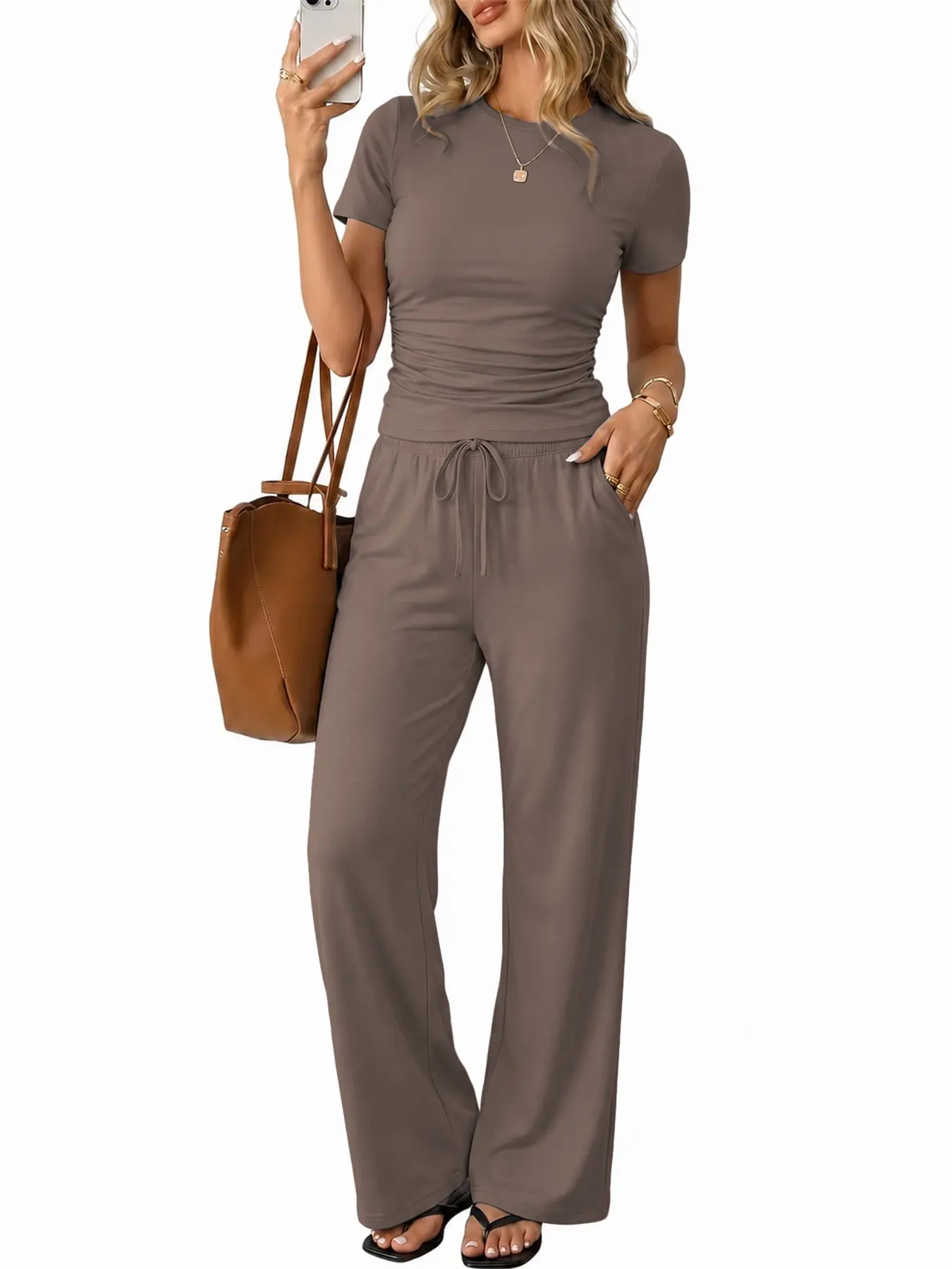 Women's 2 Piece Casual Everyday, Crew Neck Ruched Crop Top & Drawstring Wide Leg Pants, Soft Loungewear Set with Side Pockets