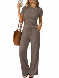 Women's 2 Piece Casual Everyday, Crew Neck Ruched Crop Top & Drawstring Wide Leg Pants, Soft Loungewear Set with Side Pockets