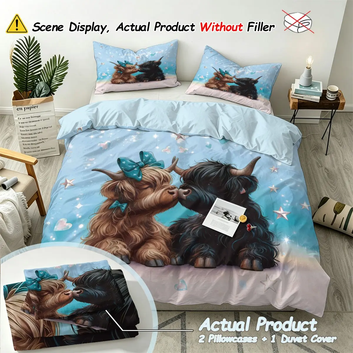 3-piece set (1 quilt cover + 2 pillowcases, coreless) with cute Highland cow, bow, heart, star element design printed quilt cover set, soft and comfortable bedding set, suitable for all room decoration, suitable as a fan gift