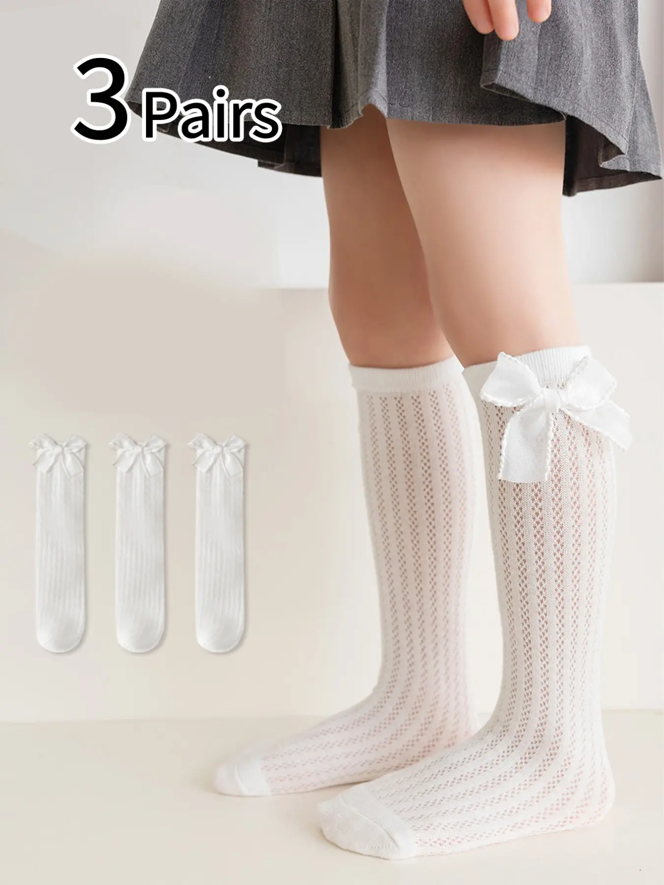 3 Pairs Kids Ultra-Thin Mesh Knee High Socks, Breathable Bow Princess Socks, Casual Cartoon Pattern, All Seasons, Casual Stylish Socks