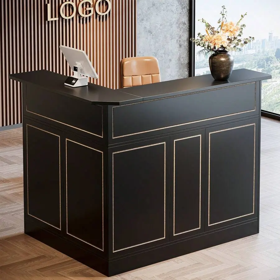 Reception Desk With Storage Shelves, L-Shaped Modern Front Desk, Reception Counter Table For Small Office, Salon (Black)