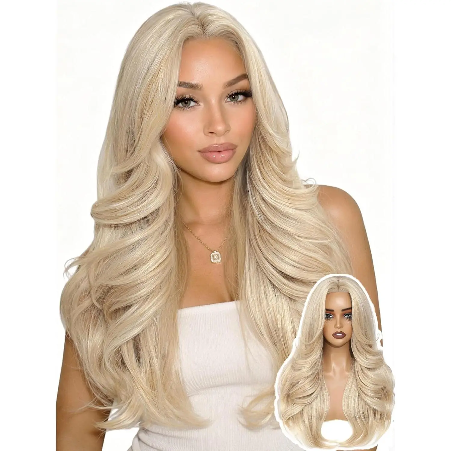 Blonde Layered Wavy Wig with Curtain Bangs Synthetic Glueless 24 Inch | Honey Mix Blonde Layered  Wave Wig for Women Glueless Middle Part Light Yaki Daily Party Costume Halloween