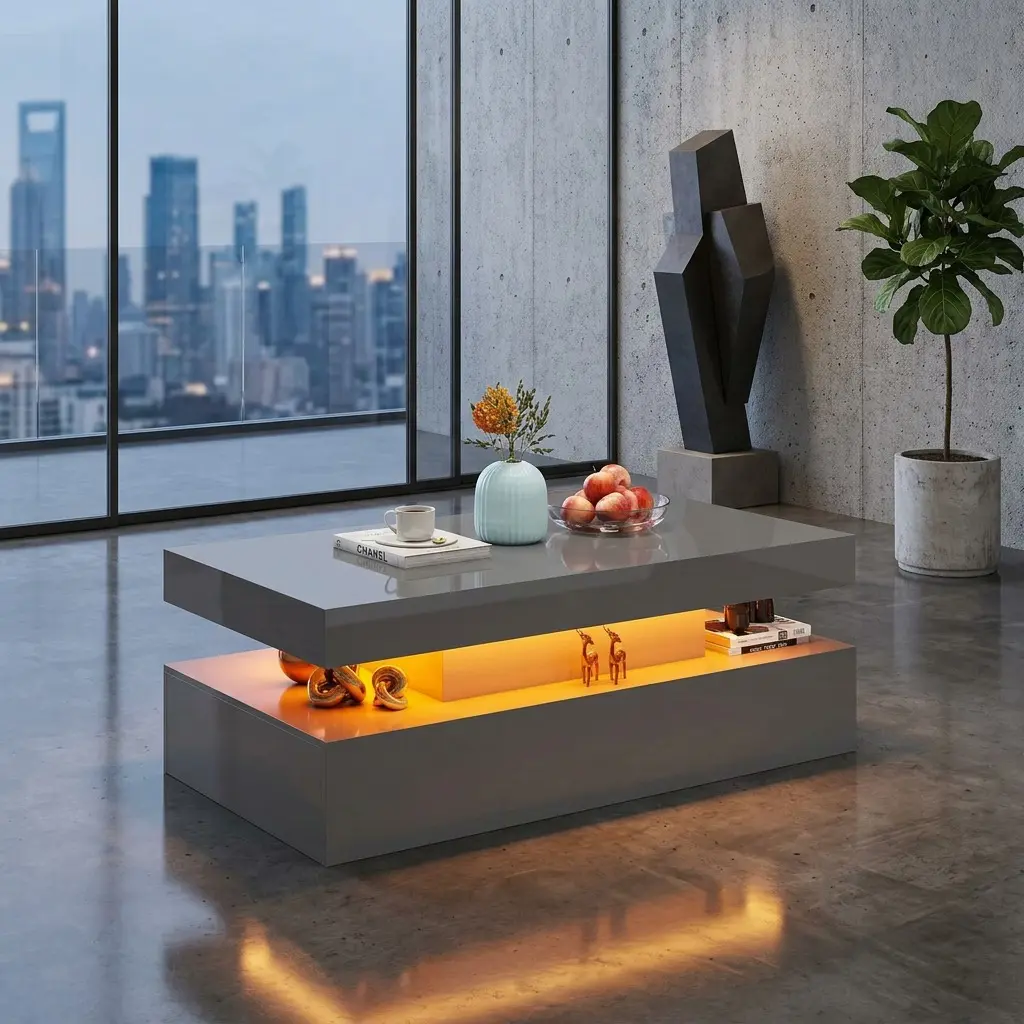 Grey 39.4 Inch UV High Gloss LED Coffee Table, APP Remote RGB Light Rectangular Wood Center Table with 2-Tier Open Storage Shelf 220LBS Heavy Duty Easy Assembly Modern Minimalist Accent Cocktail Table for Living Room Bedroom Small Apartment Home Decor