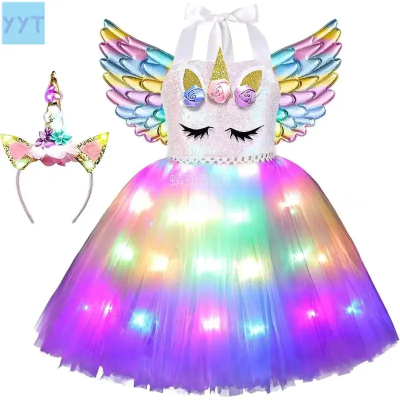 YYT1  NewUnicorn Costumes  Girls LED Light Up Unicorn Princess Tutu Dress  Halloween Birthday Party Gifts