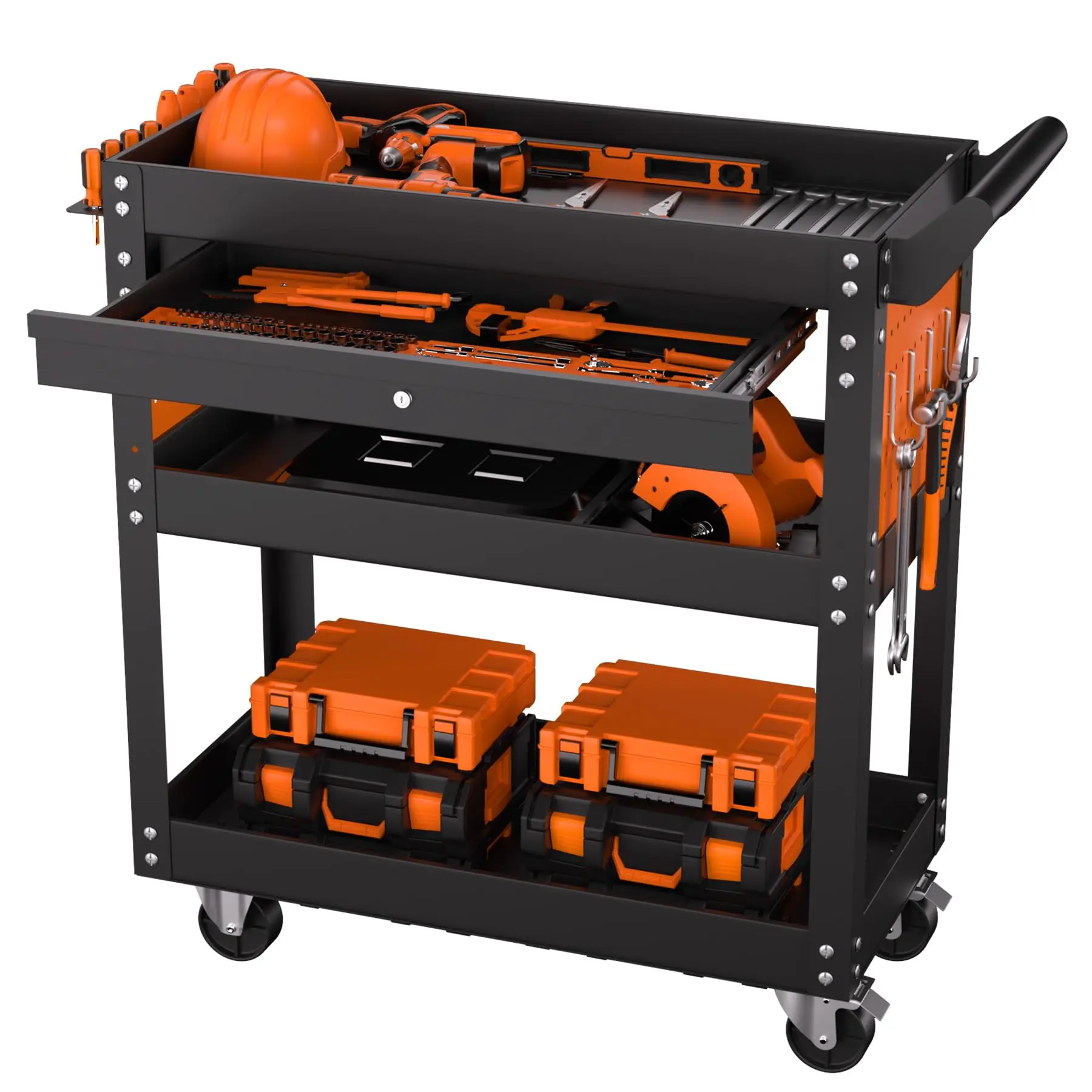 4-Tier Rolling Tool Cart – Heavy Duty 350 Lbs Capacity Metal Mechanic Tool Cart with Lockable Drawer & Side Pegboards for Garage Workshop Repair Shop