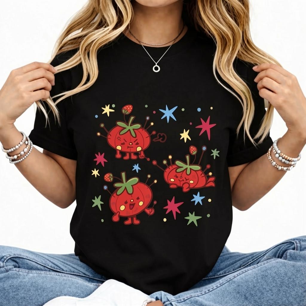 Washed, Cute Tomato Party Print T-shirt, High-quality Batik Vintage Fashion Brand T-shirt, Unisex T-shirt, Popular Daily Wear T-shirt, Holiday Gift, Perfect Present