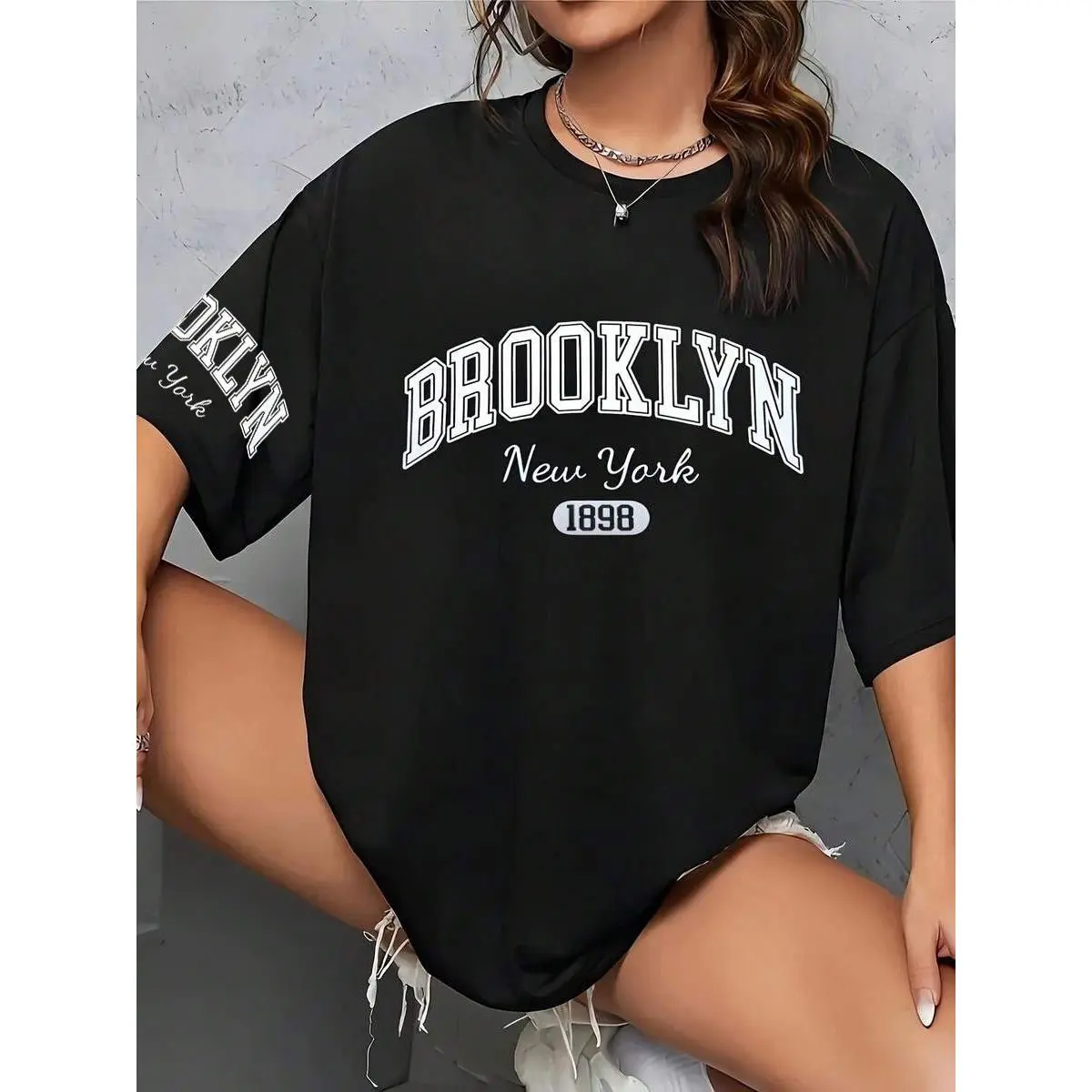 Unisex Streetwear Tshirt with Vintage Brooklyn New York 1898 Graphic, Baggy Cotton Top with Retro Letter Print, Garment, Basic, Varsity, Fashion, Round Neck, Soft, Everyday, Fabric