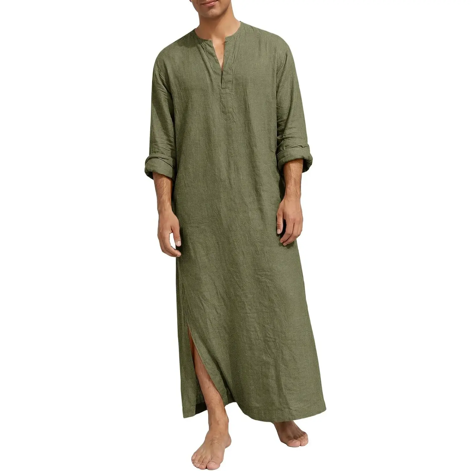 Runcati Mens Kaftan Robe Linen Cotton Casual Shirts Long Sleeve V Neck Thobe Kurta Muslim Gown Shirt