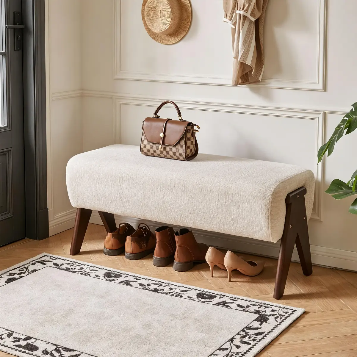 [Bellemave] Modern Decorative Chenille Fabric Bench, Padded Entry Bench with Solid Wood Legs, Upholstered Ottoman Bench for Foyer Bedroom Living Space