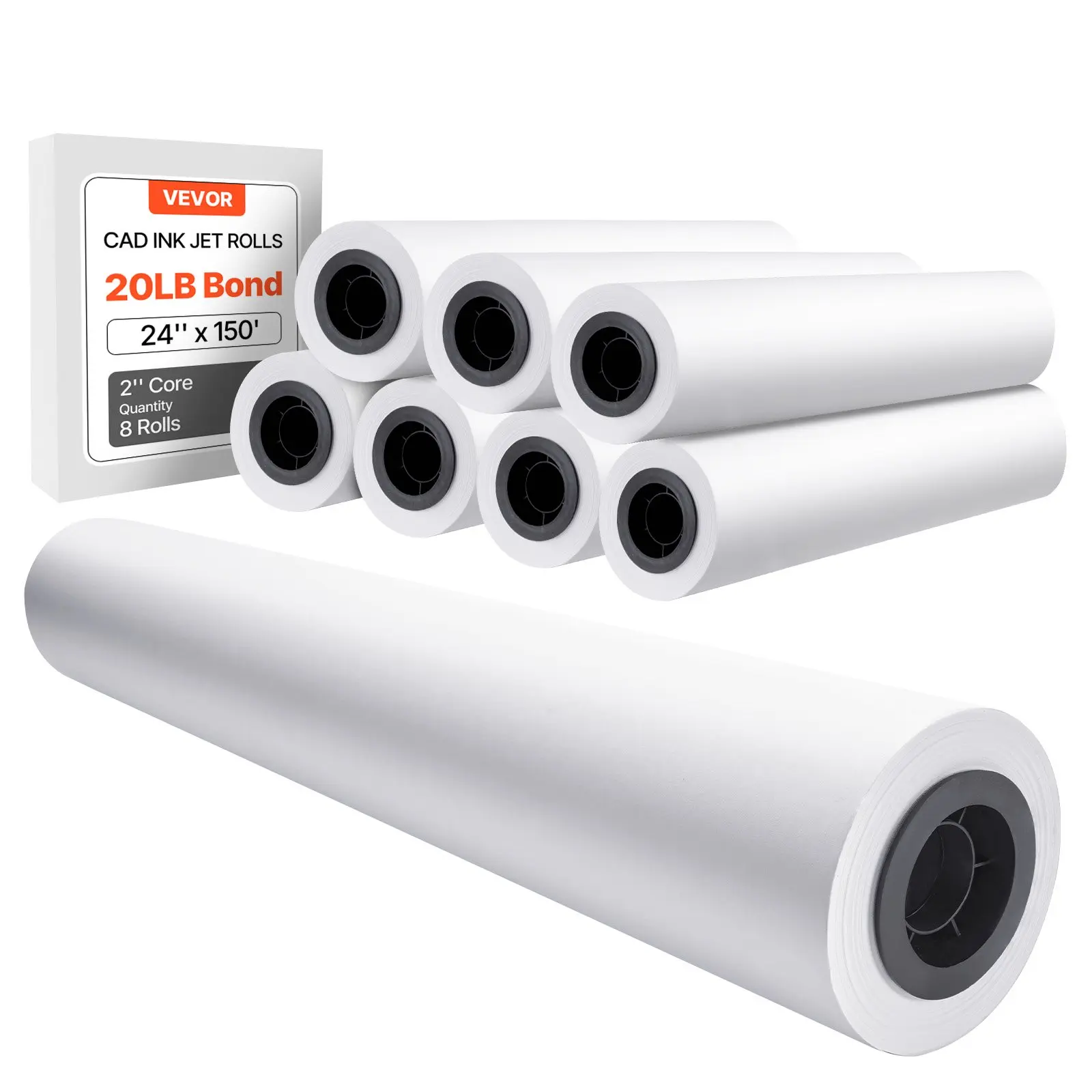 【toolupgrade】VEVOR Wide Format Paper, 24 inx 150 ft Plotter Roll, 8 Rolls CAD Bond Rolls with 2 in Core, 20 LB Bond Paper Rolls, Ideal for CAD Drawings, Engineering Plans, GIS Maps, and Architectural Designs
