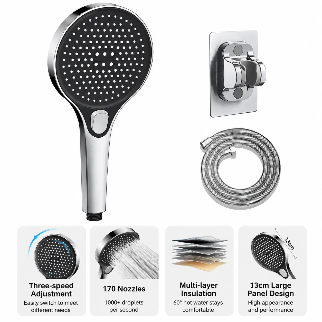 ABS High Pressure Handheld Shower Head with Hose - 3-Mode Turbo Jet Handheld Shower Wand, Multi-Function Head for Low Water Pressure Bathrooms, High Pressure Multi-Function Head Handheld Showers