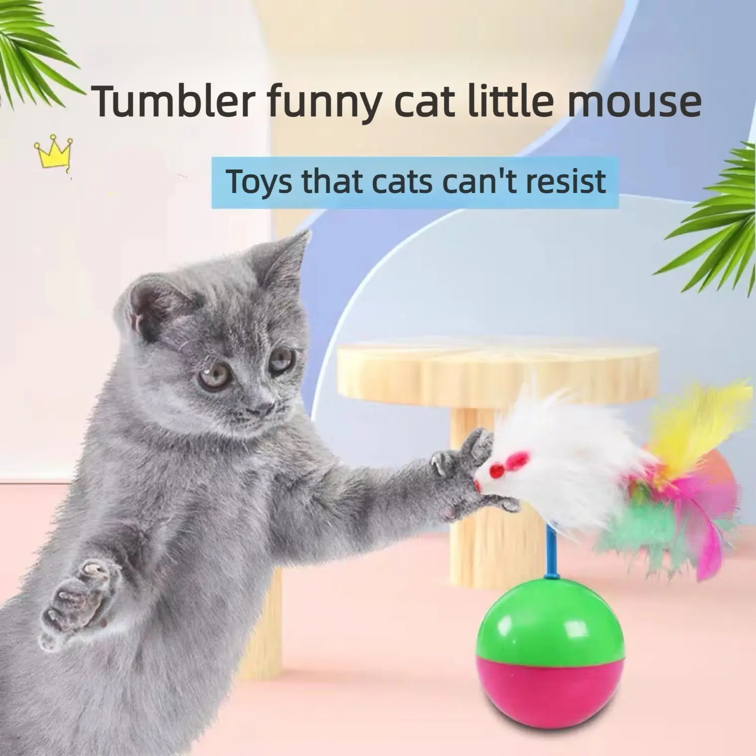 2pcs Self-Righting Cat Toy, Squeaky Plush Mouse Feather Teaser, Interactive Pet Plaything with Sound Beads, Ideal for Cats