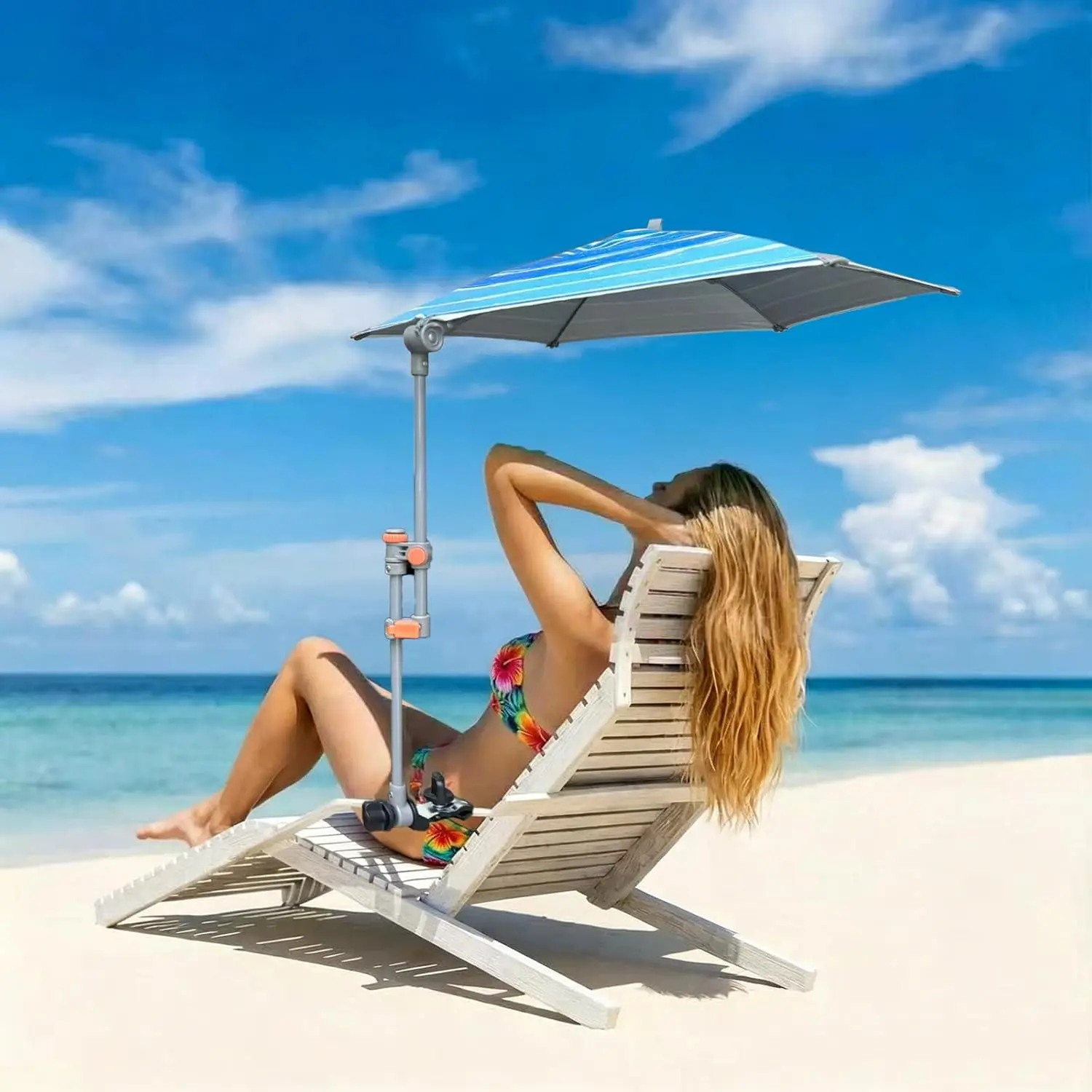 Chair Umbrella with Clamp Adjustable Umbrella UPF 50+ with Universal Clamp for Beach Chair, Golf Cart, Wheelchair, Stroller, Bleacher, Patio, Camping cart, Baby stroller Blue Wave StripeGift.