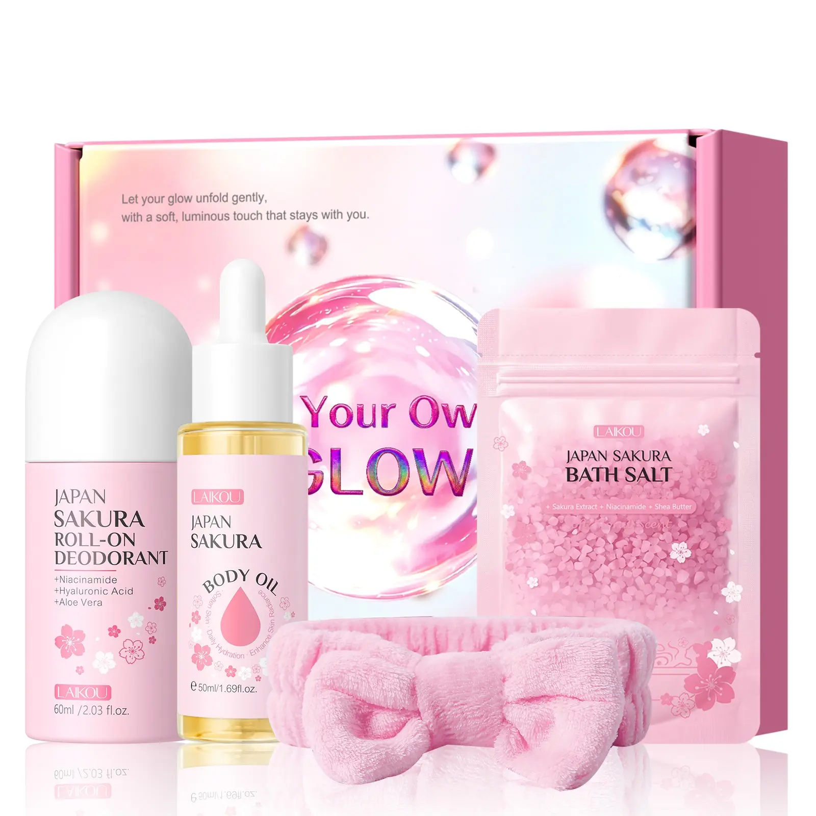 Post-Gym Spa & Refresh Kit, Sakura Anti-Odor Roll-On Deodorant, Muscle Relaxing Bath Salt & Body Oil Set for Glowing Skin