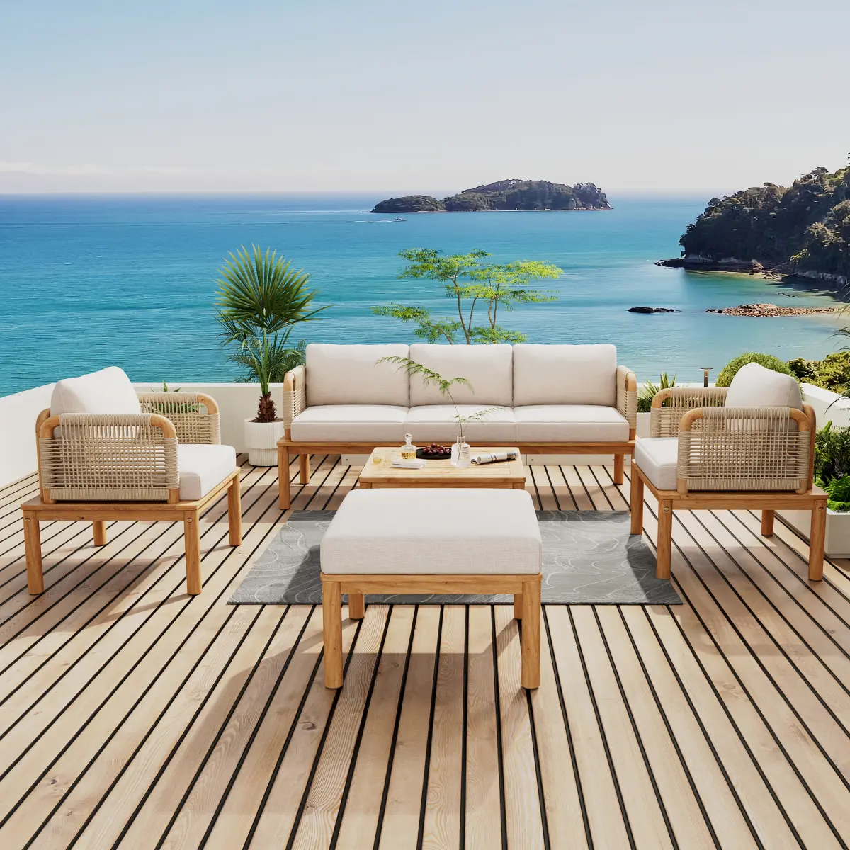Christopher Knight Home® 5-Piece Acacia Wood & Rope Weave 3-Seater Patio Sofa Set with Clean Lines, Club Chair, Assembly Required for Balcony, Outdoor Patio Furniture Sets