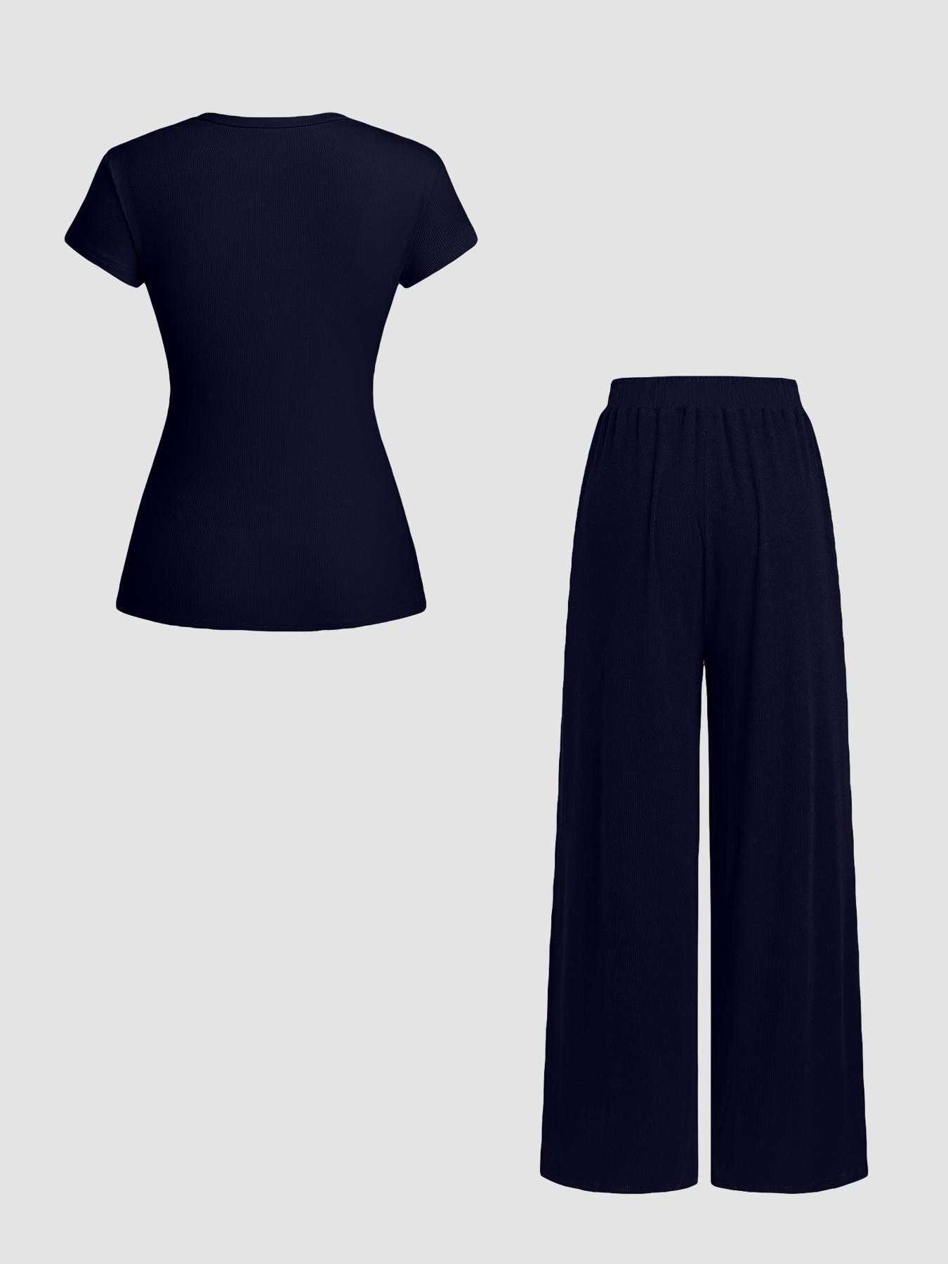 Women's Solid Color Knit Button Front Fitted Top & Wide Leg Pants, Casual Two-piece Set for Daily Wear, Ladies Clothes for All Seasons