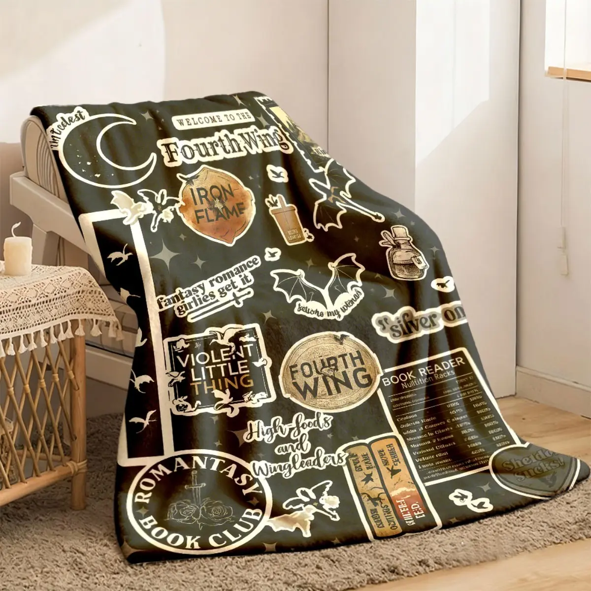 2026 New Arrivals Fantasy Literature Themed Flannel Blanket Soft Hypoallergenic AllSeason Throw with Fourth Wing Series Art, Quirky Book Lover Design & Enchanting Symbols for Sofa, Bed, Office Machine Washabl