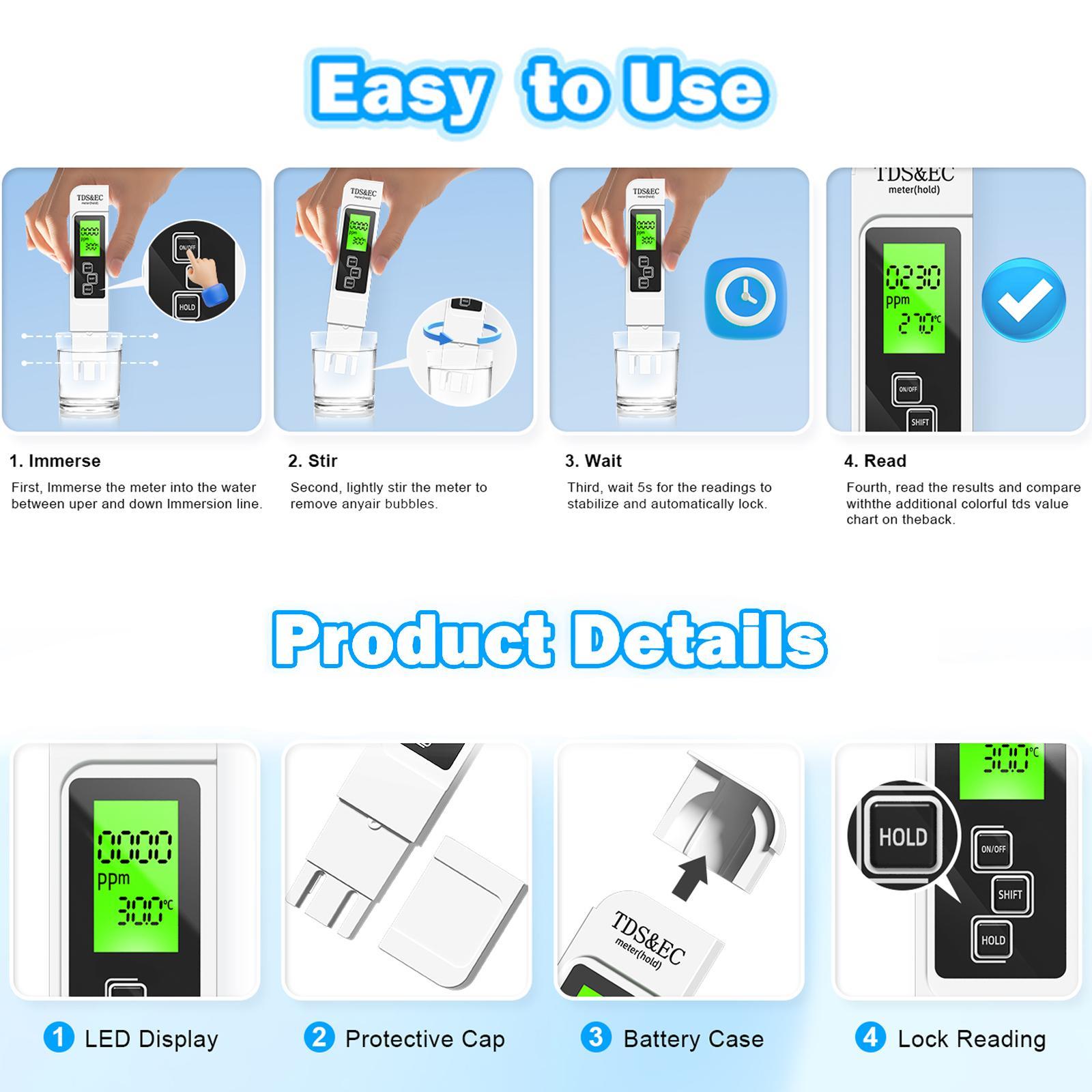 3 in 1 Water Quality Tester, Automatic Closing Digital Water Quality Tester with Water Quality TDS/Conductivity EC/Temperature Value Display