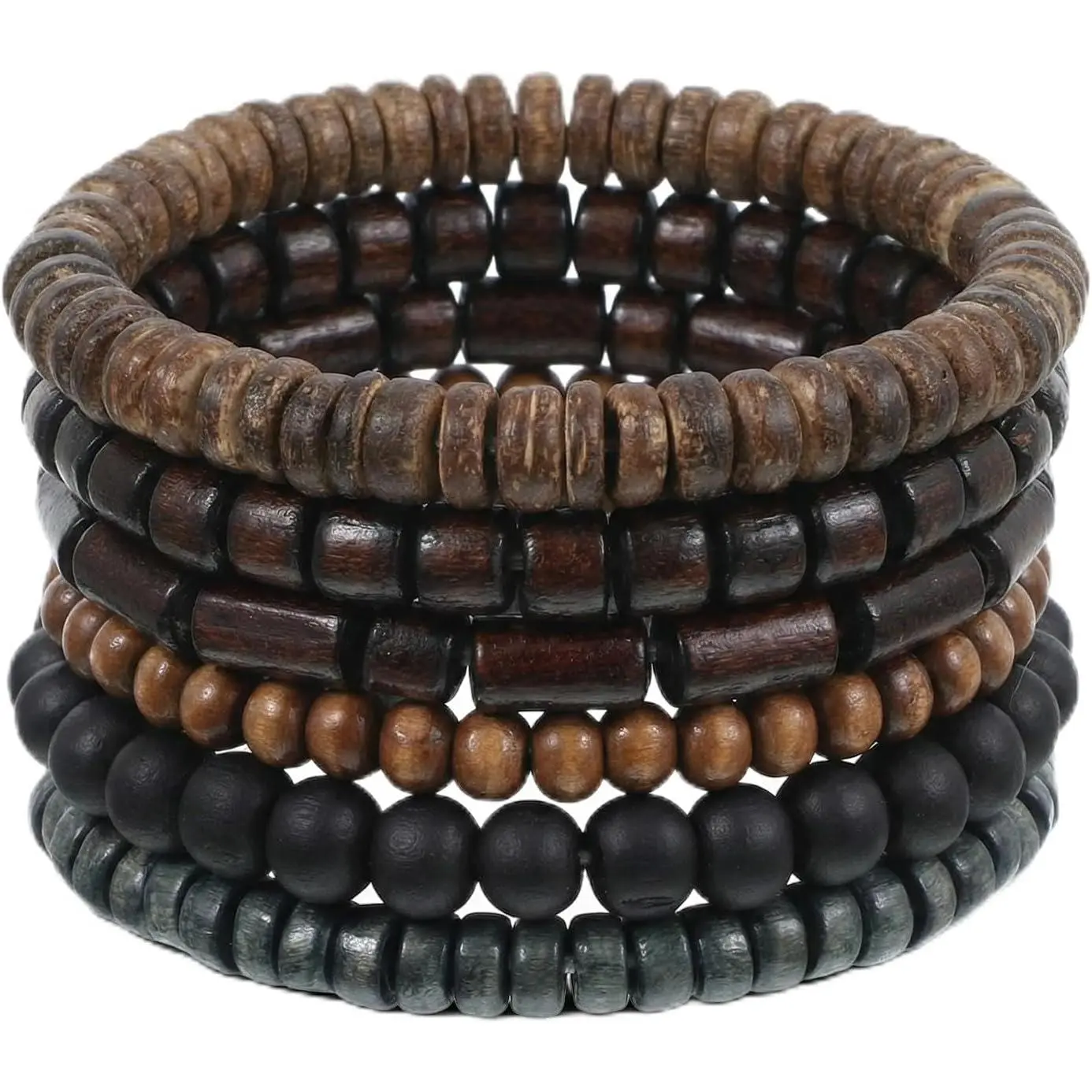 6 count Men Beaded Bracelet, Adjustable Elastic Cord, Couples  | Multilayer  Bead & Braided Leather Bracelets,  Grunge Stackable Cuff Wrap, For Casual Wear