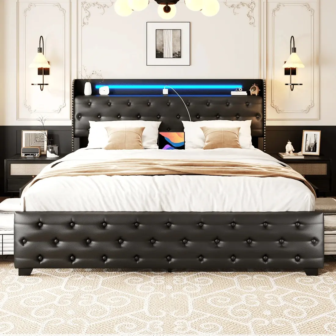 LED bed frame with charging ports and 4 storage drawers, panel bed upholstered with faux leather padded headboard and winged headboard, metal bed frame usable without a spring mattress, black version