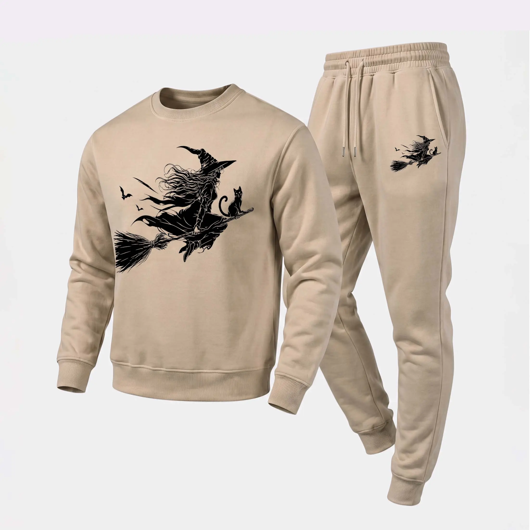 Men's Witch & Halloween Broom Graphic Crewneck Sweatshirt and Jogger Pants Set, Casual Long Sleeve Pullover with Drawstring Sweatpants, Fall Winter Tracksuit for Daily Wear, Travel, Lounge, Workout and Indoor Outdoor Activities