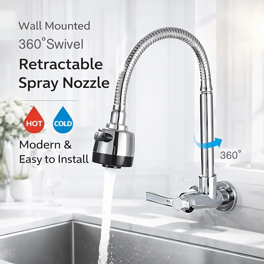 Wall-Mounted Pull-Out Faucet with 360° Swivel Spout & High-Splash-Resistant Spray - Heavy-Duty Metal Modern Sink Faucet, Kitchen faucets, for Kitchen, Bathroom Sinks - Easy Installation Compatible with sinks, not bathtubs