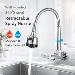 Wall-Mounted Pull-Out Faucet with 360° Swivel Spout & High- Splash-Resistant Spray - Heavy-Duty Metal Modern Sink Faucet for Kitchen, Bathroom, Balcony Sinks - Easy Installation (Compatible with Sinks, Not for Bath Bathtubs)