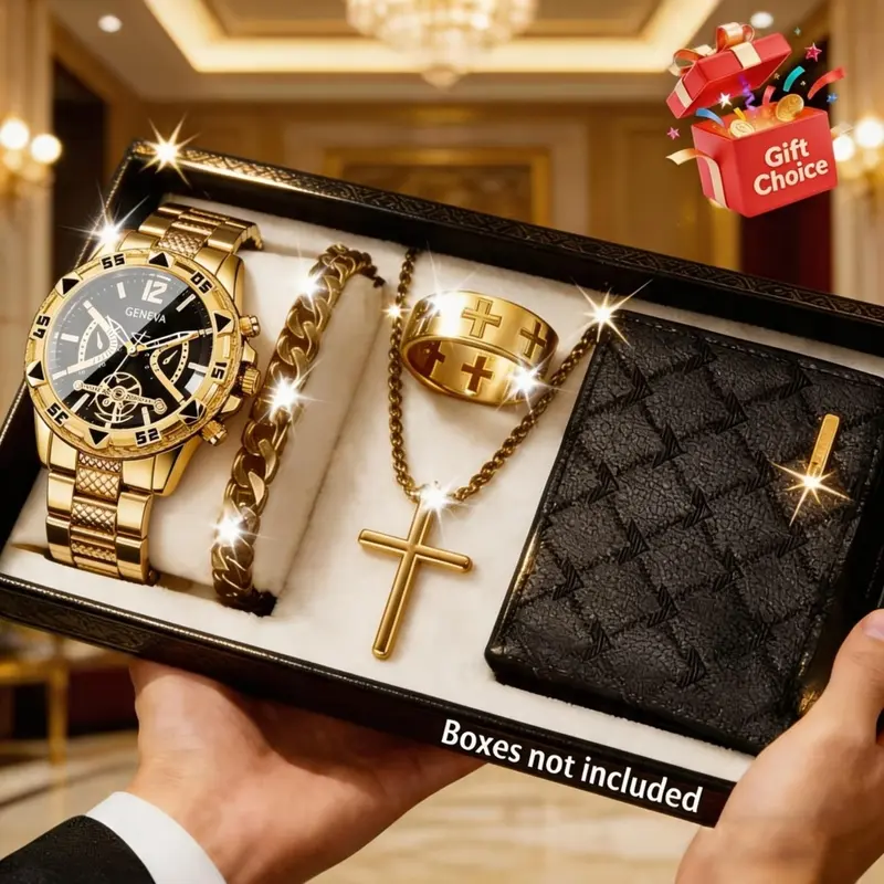 Men's Fashion Business Sports Watch Set, 5 Pieces, Includes Necklace, Ring, Bracelet, Wallet, Watch, Perfect for Daily Wear, Gifts