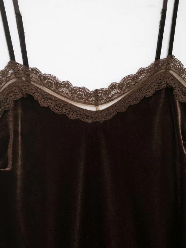 Aria Muse Women Fashion Velvet Lace Patchwork Sling Top Sleeveless V Neck Tank Tops 2026 Summer Trend High Street Lady Chic Tops