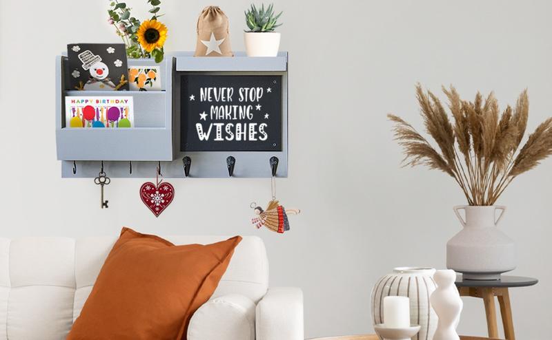 F-HP10  Key Holder for Wall - Mail Holder Organizer Wall Mount with Shelf - Hanging Key Rack Hanger with Hooks Decorative for Home Coat Letter Dog Leash Entryway Living Room Decor Farmhouse Metal