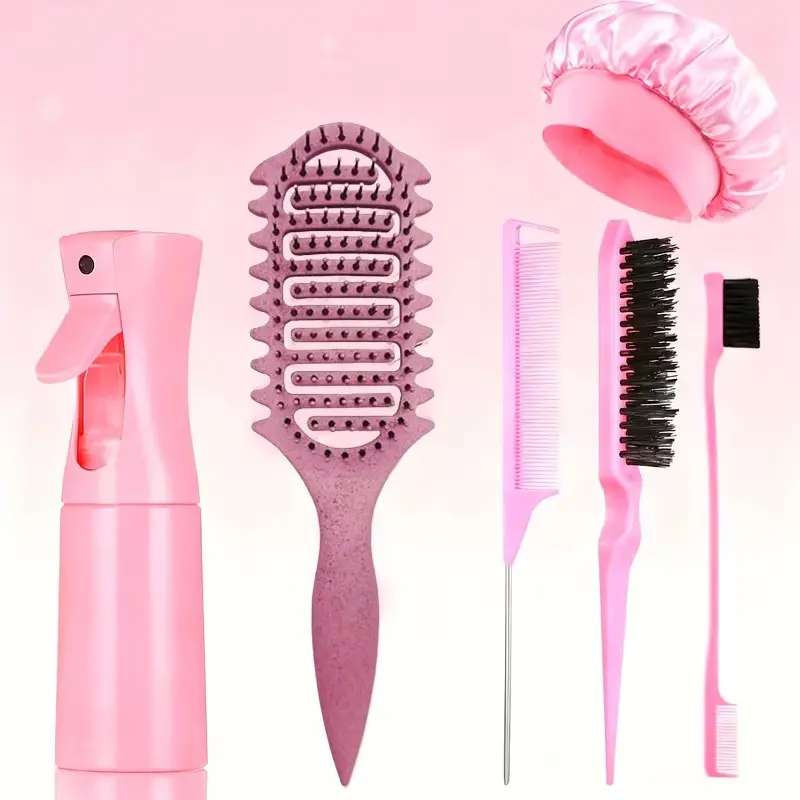 A stylish 6-piece hair styling tool set available in three colors (pink, purple, and black), featuring a 6.76 oz spray bottle, a volumizing brush, a braiding comb, a standard comb, and a hairbrush. Styling Hair Tools