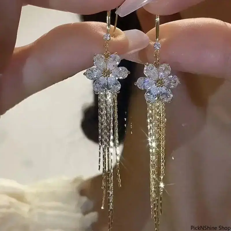 Women's Gold-Plated Floral Tassel Earrings - Synthetic Flower Dangle with White Zircon, Lightweight Long Female Statement Jewelry for Birthday, Day-to-Night Glam Occasions