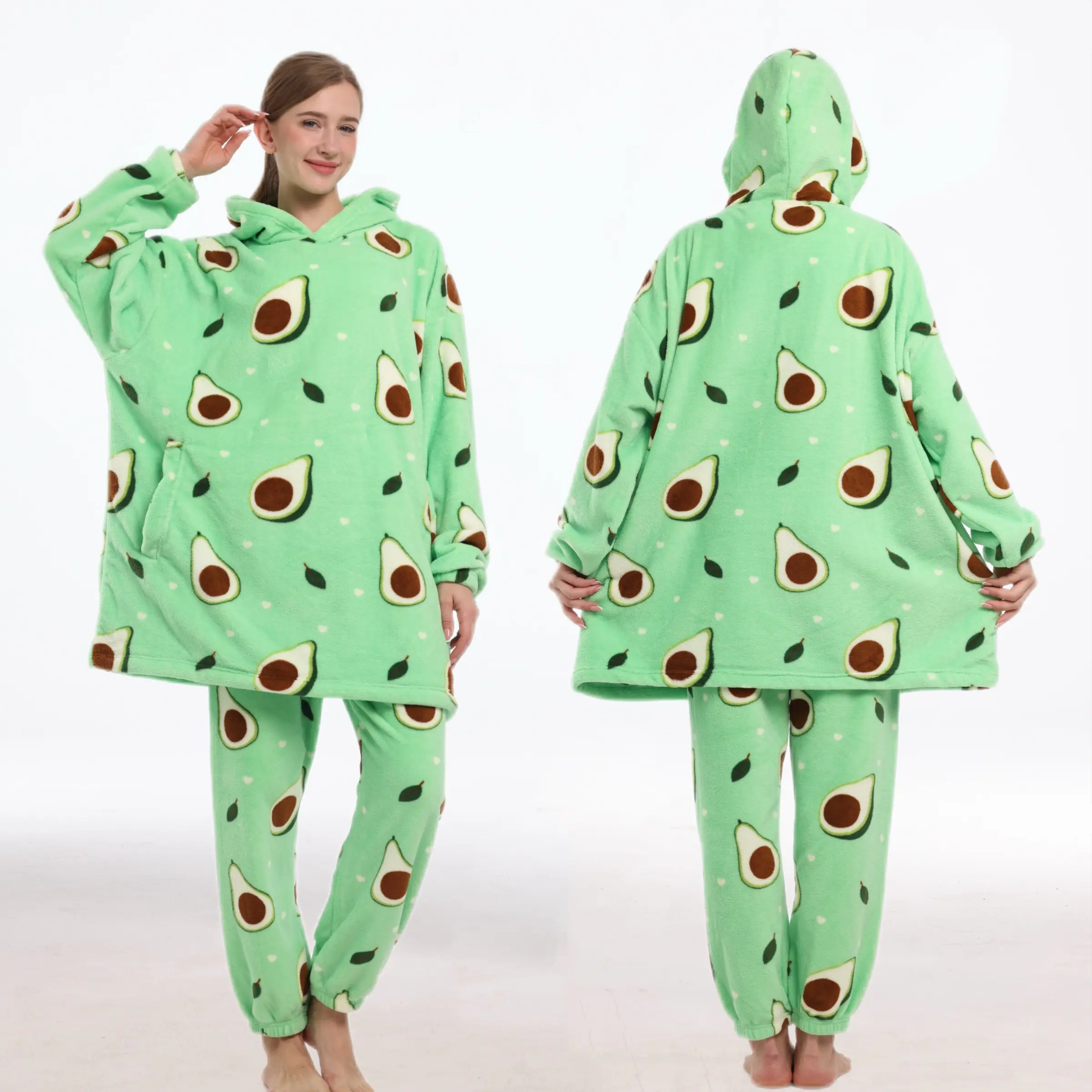 Avocado Print Coral Fleece Wearable Blanket Set, Unisex, Hooded with Pockets, Cozy and Warm, Perfect for Fall Winter Gifts