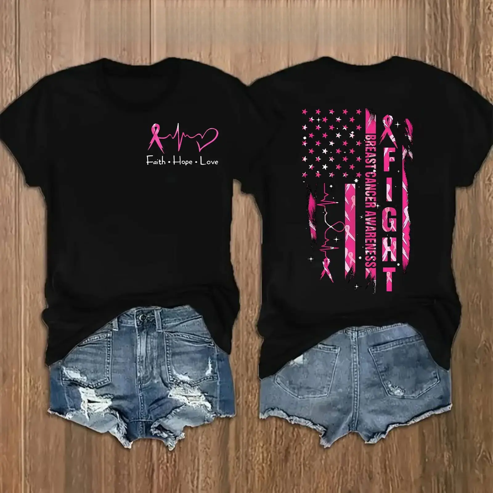 Women's Breast Cancer Awareness Streetwear Tshirt - Shortsleeve Round Neck Casual Top, Pink Ribbon Graphic Print, Semi-Sheer Geometric Pattern, Machine Washable for Spring-Summer Clothes