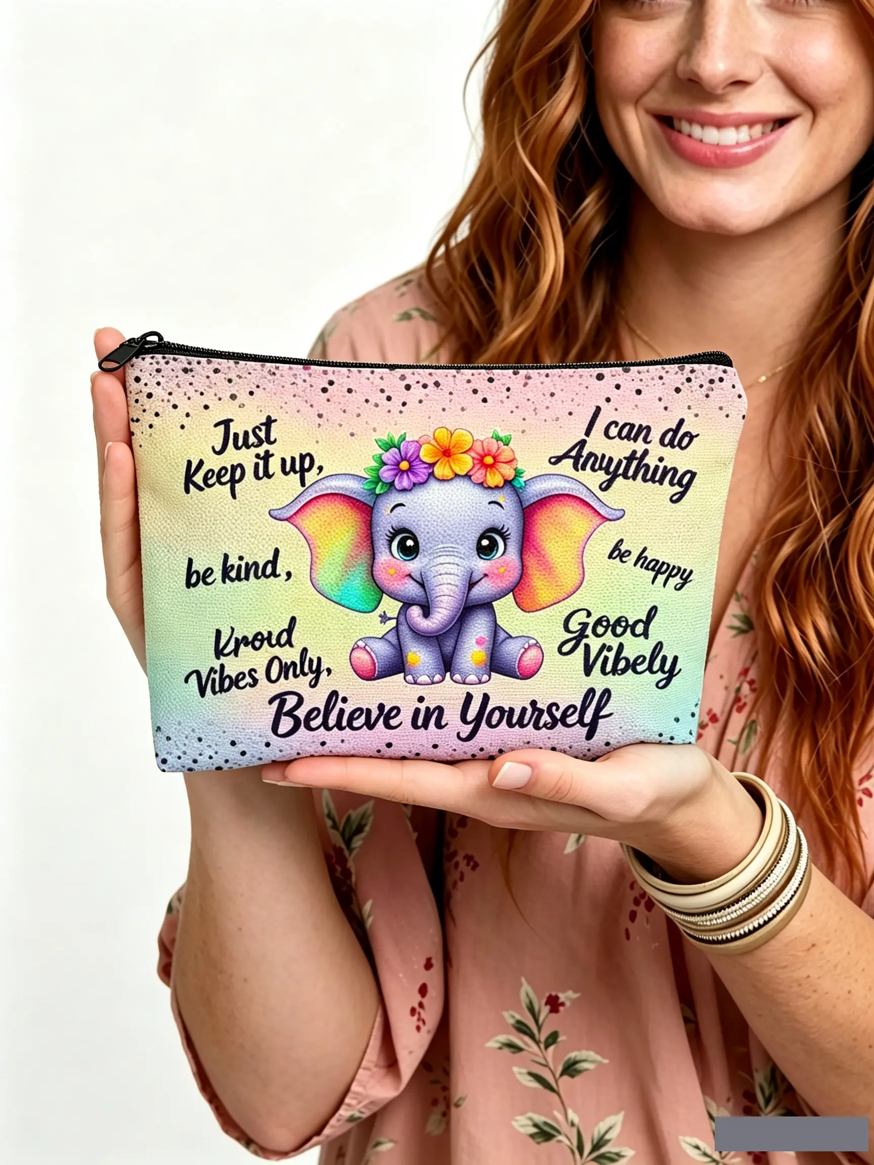 Motivational Elephant Pattern Makeup Bag, Foldable Zipper Pouch, Travel Essential, Multi-Functional Wallet, Perfect Gift for Daughter
