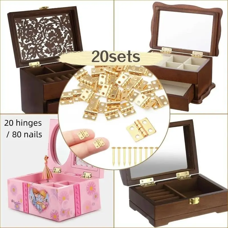 20 Sets 4-Hole Pure Copper Mini Hinges, Micro Small Hinges with Nails, Compact Flat Hinges for DIY Projects, Durable and Lightweight Design