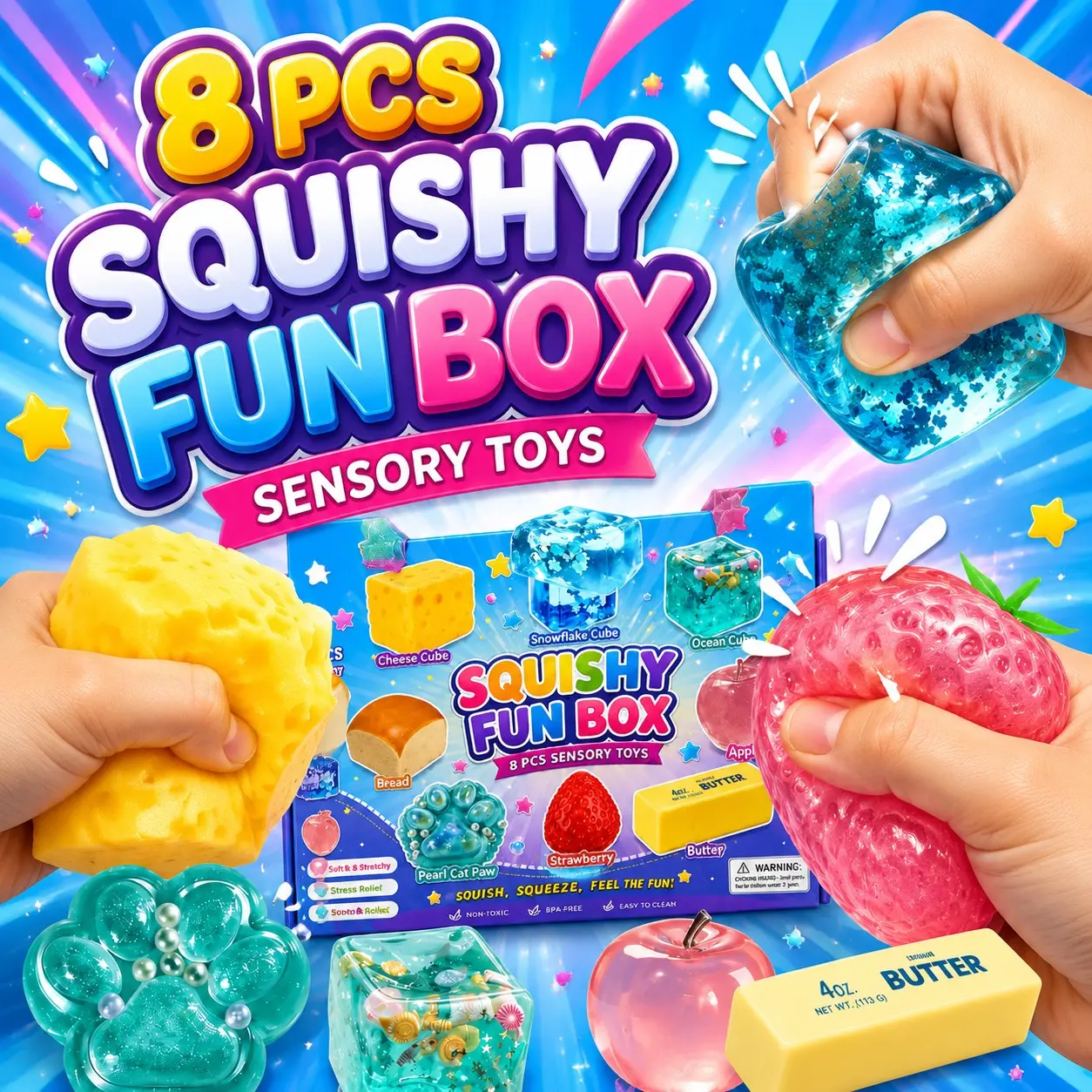 8PCS Slow Rising Squishy Stress Relief Toys Set | Soft Fidgets Squishies PU Stress Balls & Fidget Sensory Squeeze Toys | Anxiety Relief for Adults & Kids | Party Favors & Gift Bundle
