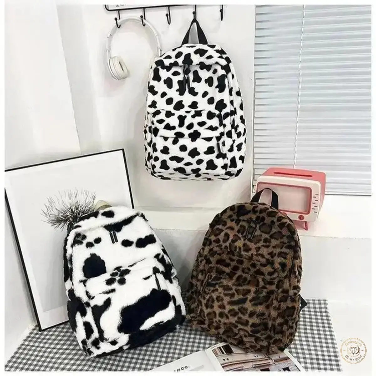 Cute Fuzzy Animal Print Backpack, Y2K Coquette Aesthetic Soft Plush Daypack, Spacious Multi‑Pocket Bookbag For Students, Daily Street Style And Casual Outdoor Use