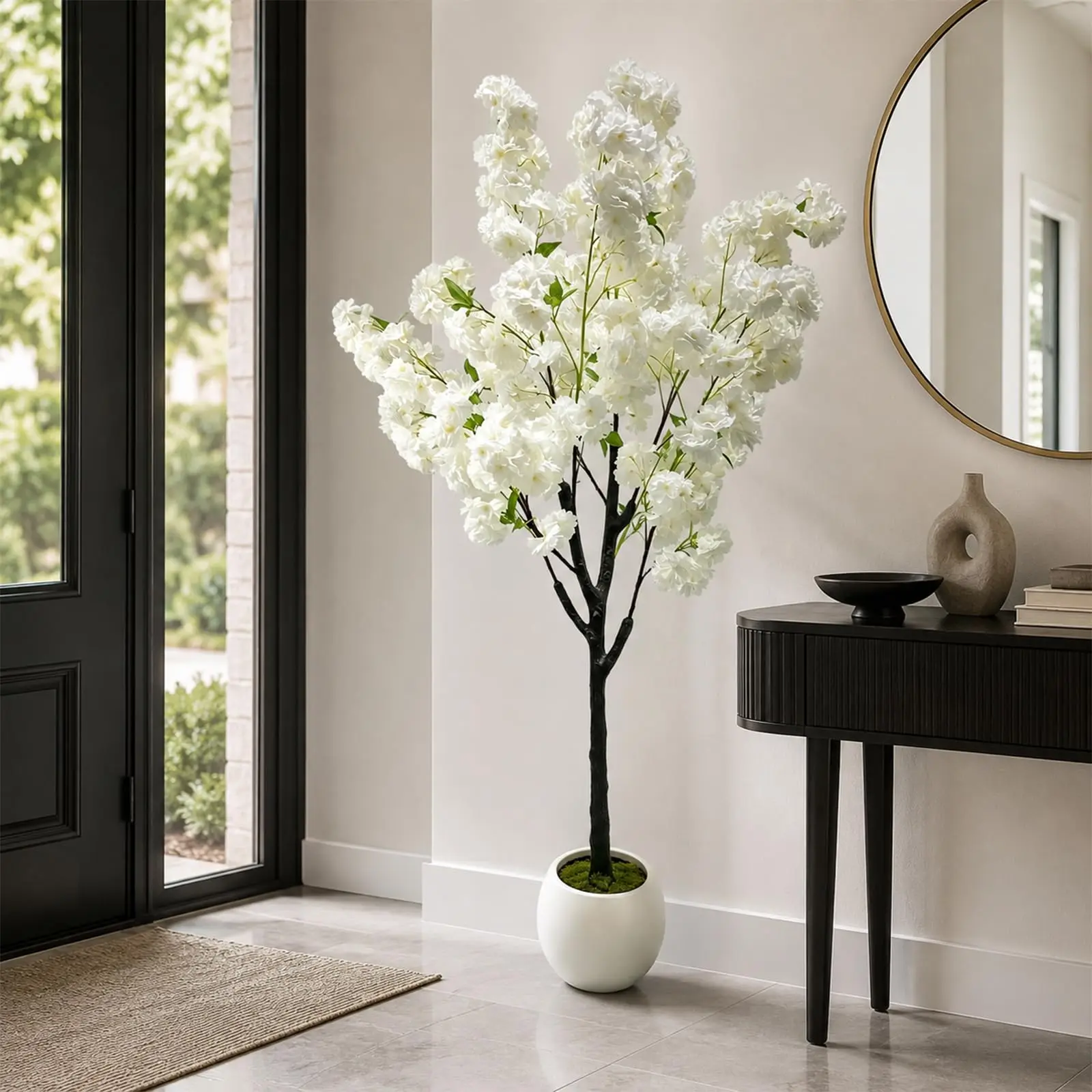 White 5-6ft Lightweight Decorative Artificial Cherry Blossom Tree, Faux Silk Potted Plant with Bendable Limbs, Natural Look Home Decor for Indoor-Outdoor Wedding Gift
