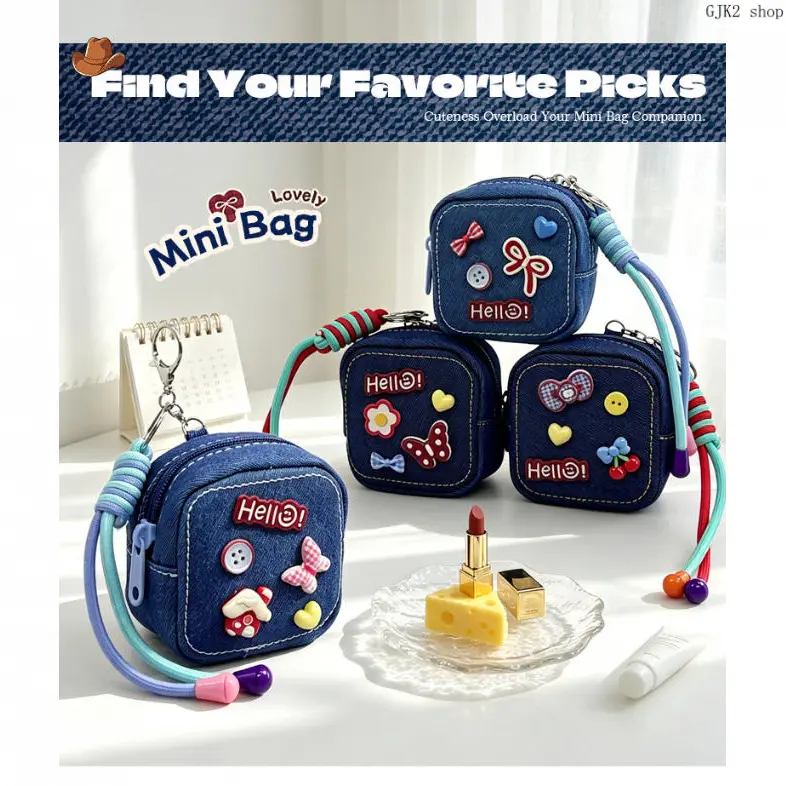 Cute Denim Mini Square Coin Purse Keychain, Cartoon Patch Earbud Storage Bag Charm with Clip Hook
