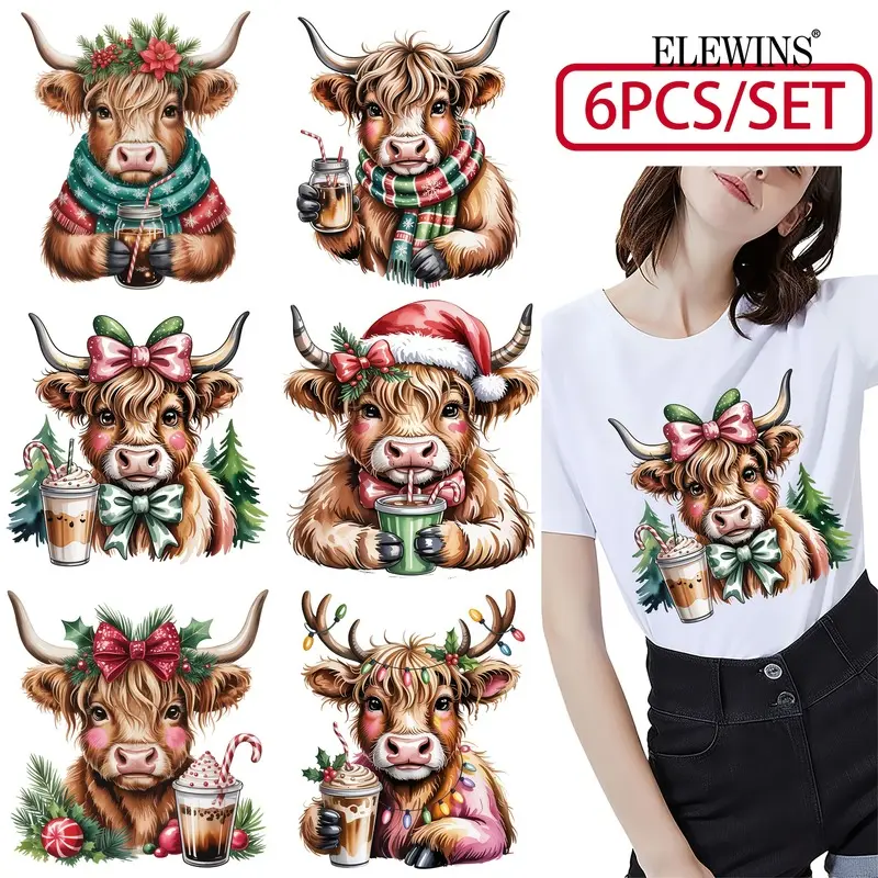 6pcs Christmas Themed Highland Cow Iron On Patches Heat Transfer Vinyl Decals Easy Peel And Stick Fabric Transfers For T Shirts Jeans Hats Bags Clothing Accessories