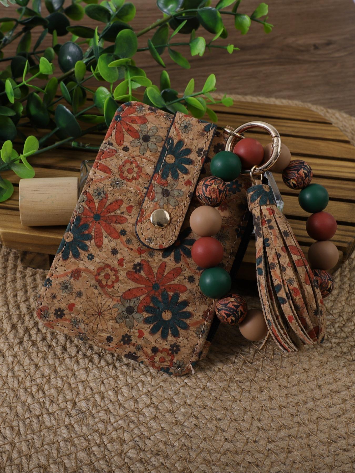 Vintage Boho Style Keychain, Stylish Keychain, Floral & Geometric Pattern Beaded Keychain with Card Holder Set for Women & Girls, Fashion Accessories for Daily Use