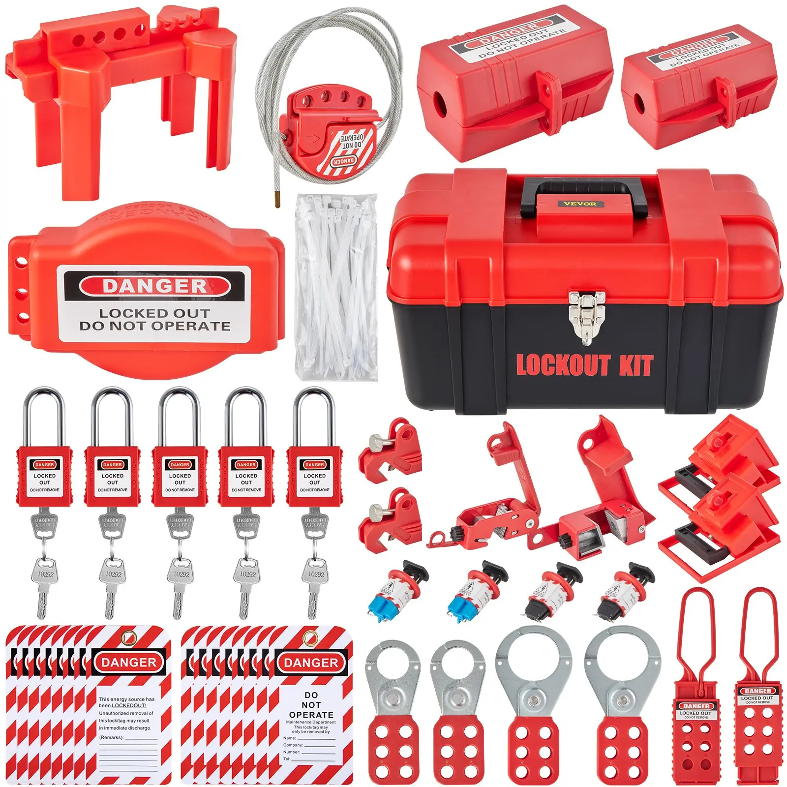 VEVOR 43 PCS Lockout Tagout Kits, Electrical Safety Loto Kit Includes Padlocks, 5 Kinds of Lockouts, Hasps, Tags Ties, Box, Lockout Safety Tools for Electrical Risk Removal in Industrial, Machinery