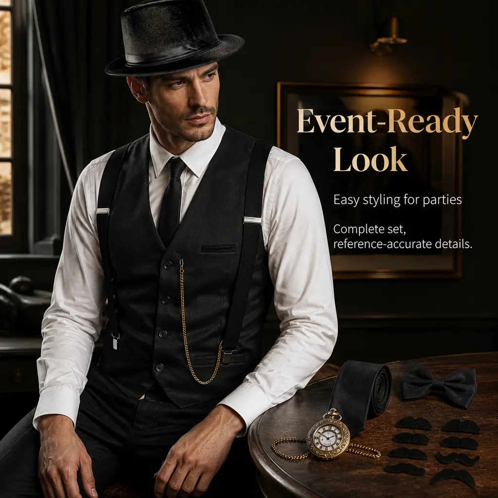 Men's 1920s Vintage Gentleman Costume Accessories Set, Black Roaring 20s Party Kit with Vest, Fedora Hat, Suspenders, Tie, Bow Tie, Pocket Watch, Faux Mustaches for Adult Halloween Cosplay, Retro-Style Gathering